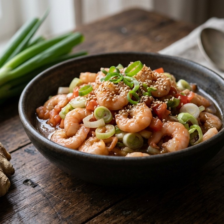 Garnalen met bosuitjes en zoetzure saus