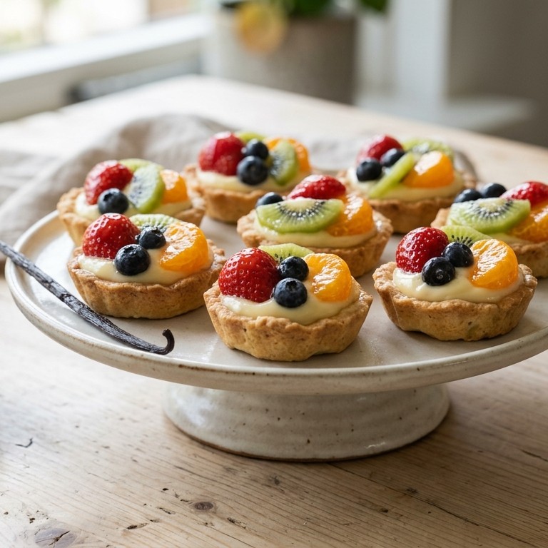Gebakjes met gemengd fruit en vanilleroom