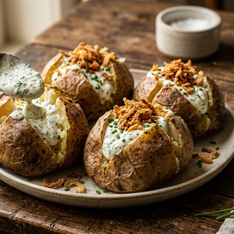 Gebakken aardappel met kruidensaus