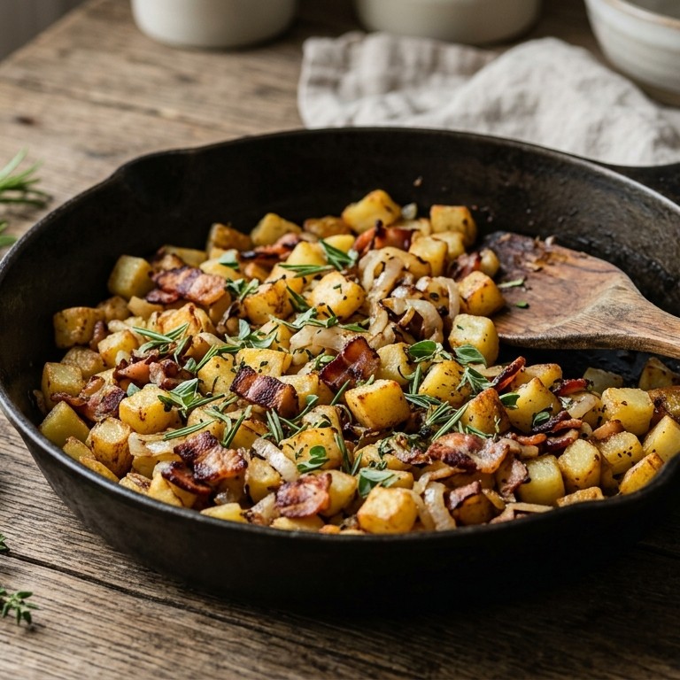 Gebakken aardappelen met ui, spek en tuinkruiden