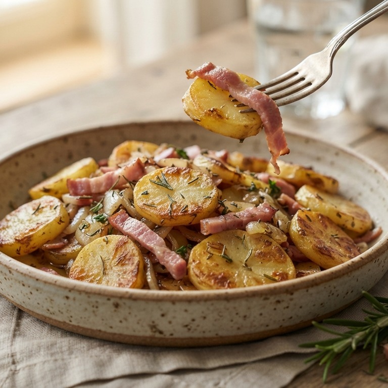 Gebakken aardappelschijfjes met kruiden en ham