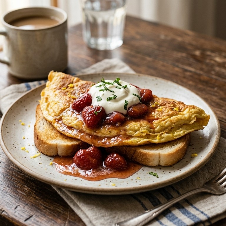 Gebakken aardbeien met omelet