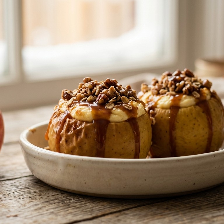 Gebakken appels met cheesecake en karamelsaus