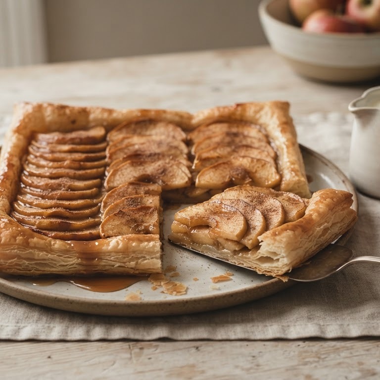 Gebakken appelschijfjes op bladerdeeg