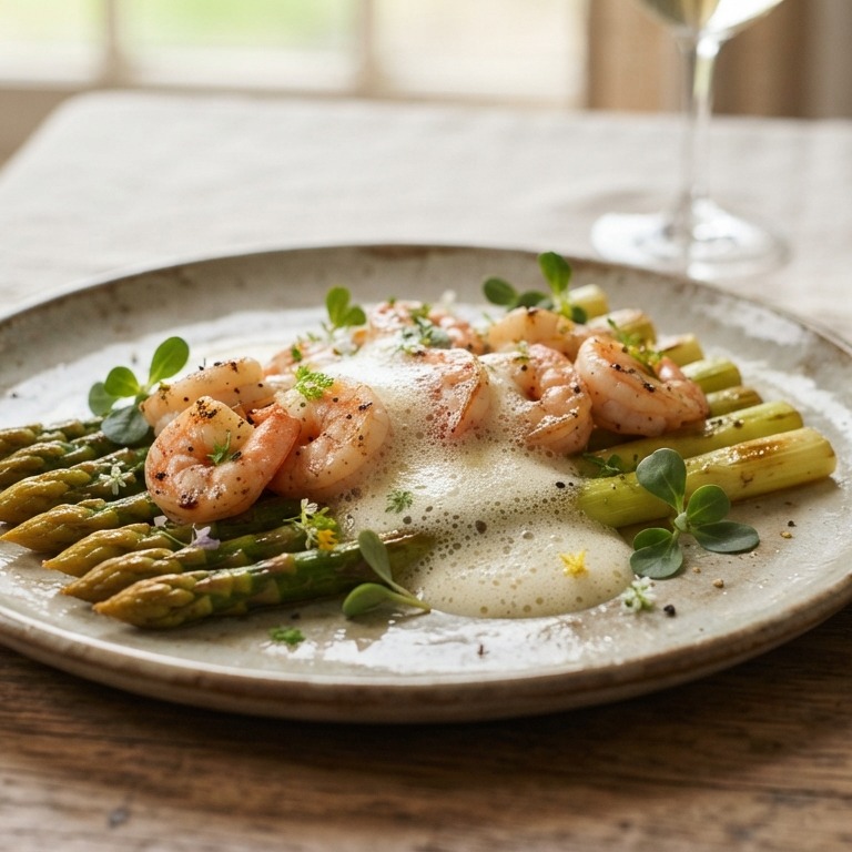 Gebakken asperges en gamba's met sabayon van noilly prat