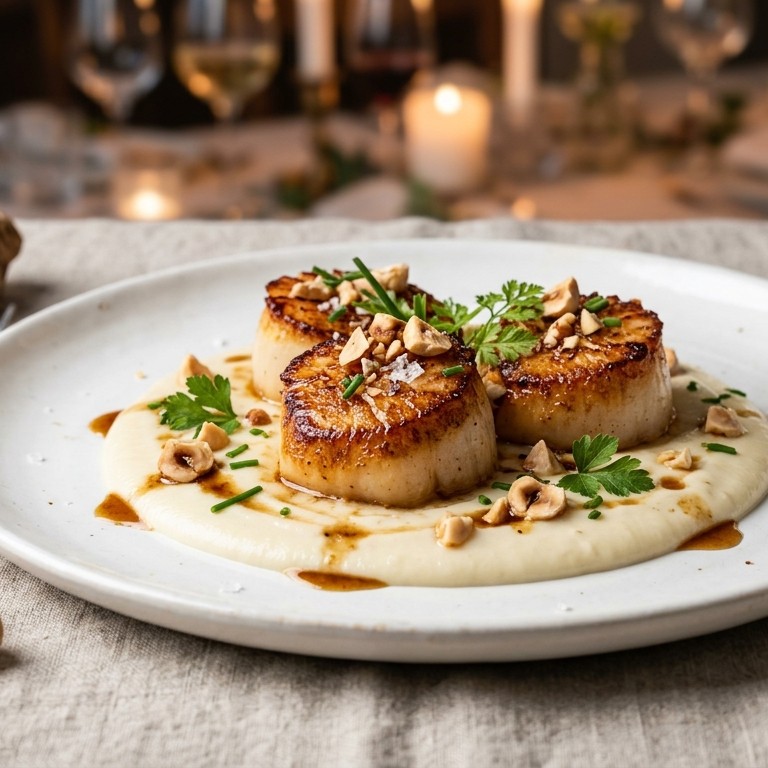 Gebakken coquilles met topinambour-hazelnootsaus