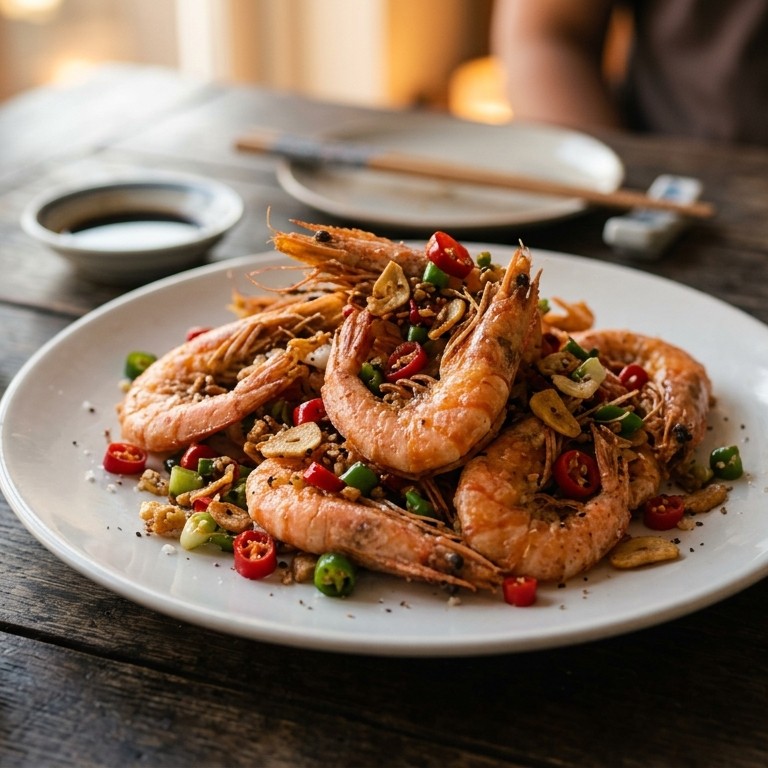 Gebakken garnalen met chili-peper en zout