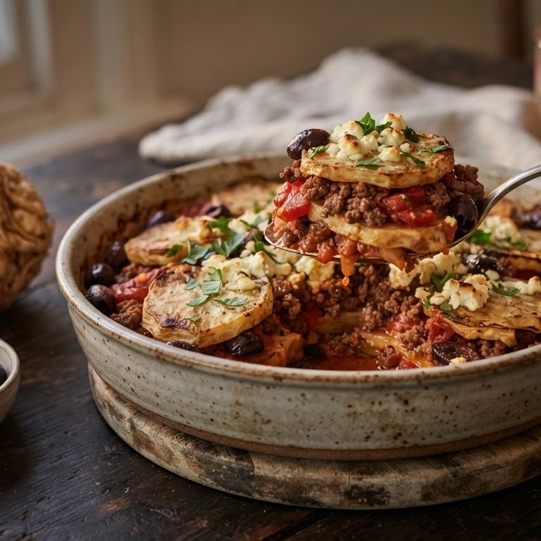 Gebakken knolselderij met gehakt, tomaten, olijven en knoflook