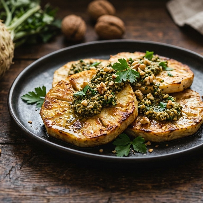 Gebakken knolselderij met walnotenpesto