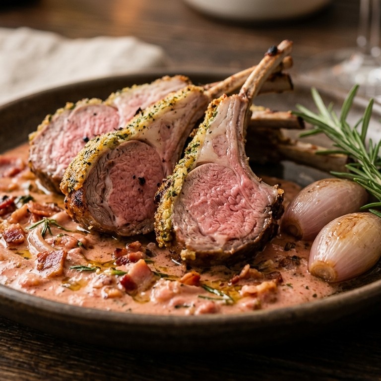 Gebakken lamsrack met romige tomatensaus en knoflook
