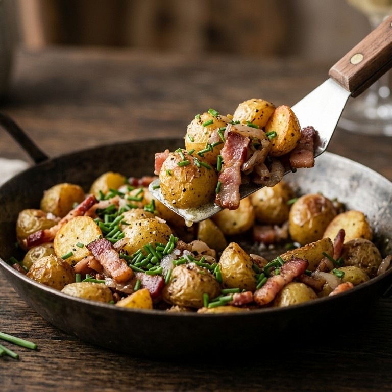Gebakken minikrieltjes met bieslook en spekjes, voor gourmet