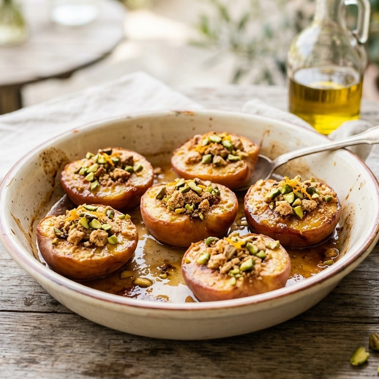 Gebakken perziken met pistachenoten