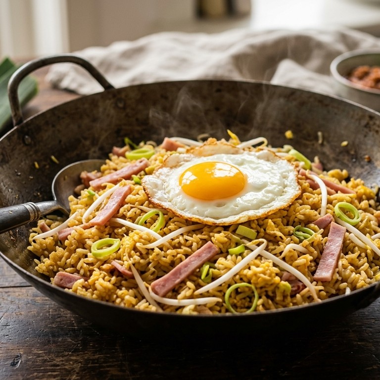 Gebakken rijst met ham, taugè en prei