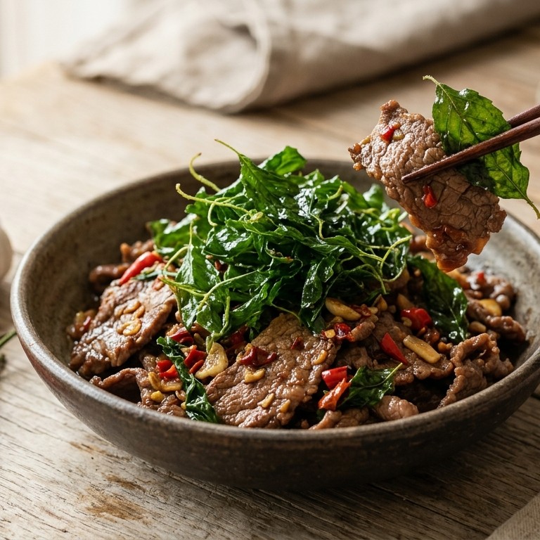 Gebakken rundvlees met basilicum