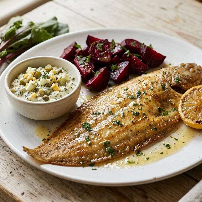 Gebakken slibtong met bietensalade en kruidensaus