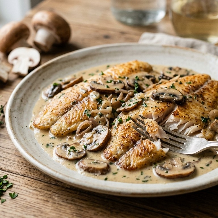 Gebakken tilapiafilet met champigonsaus