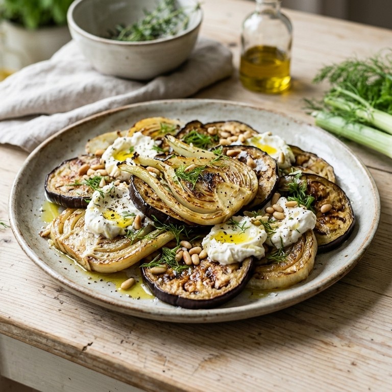 Gebakken venkel en aubergine met geitenkaas