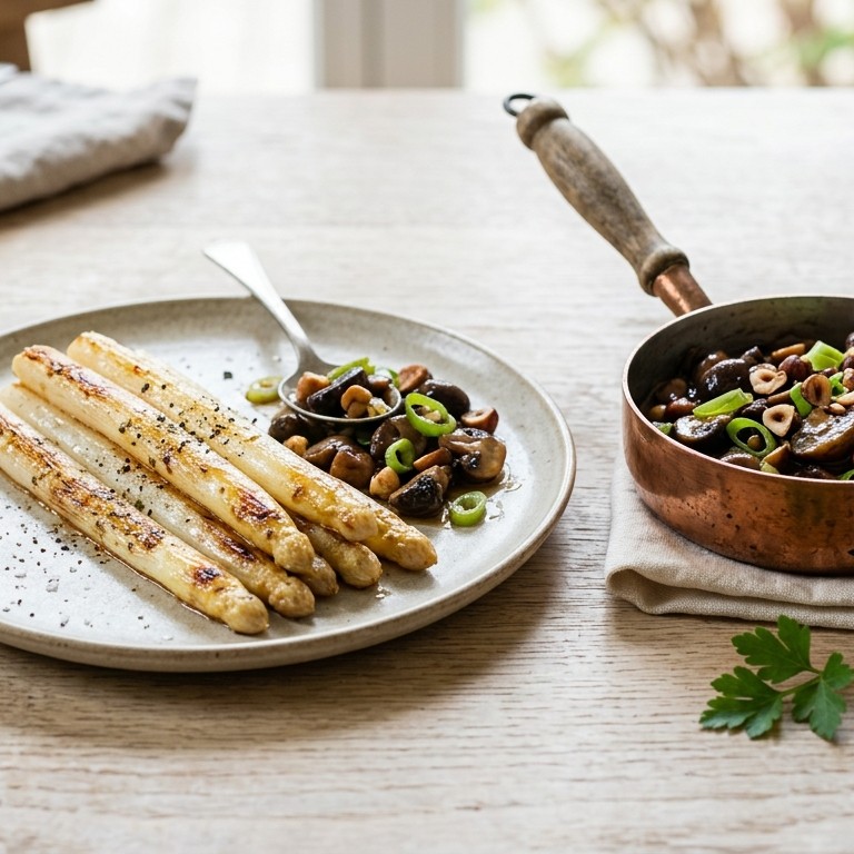 Gebakken witte asperges en een stoofpotje van champignons en lente-ui