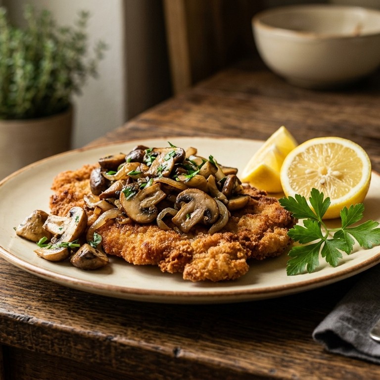 Gefrituurde schnitzel met champignons