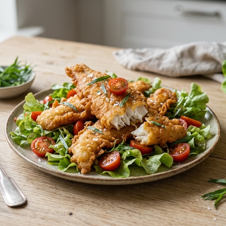 Gefrituurde tongfilet met kerstomaatjes en dragon