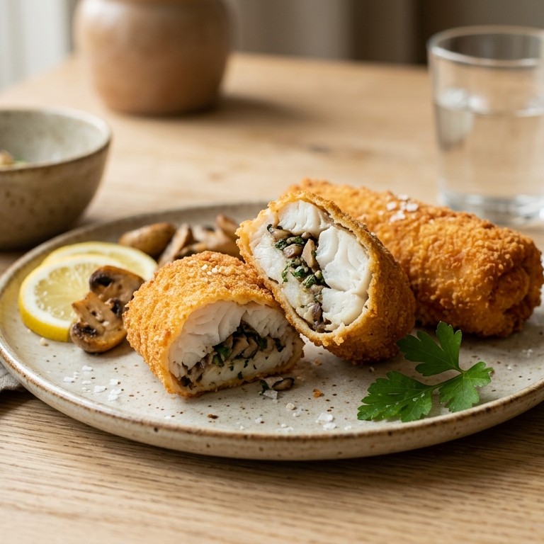 Gefrituurde visrolletjes met champignons