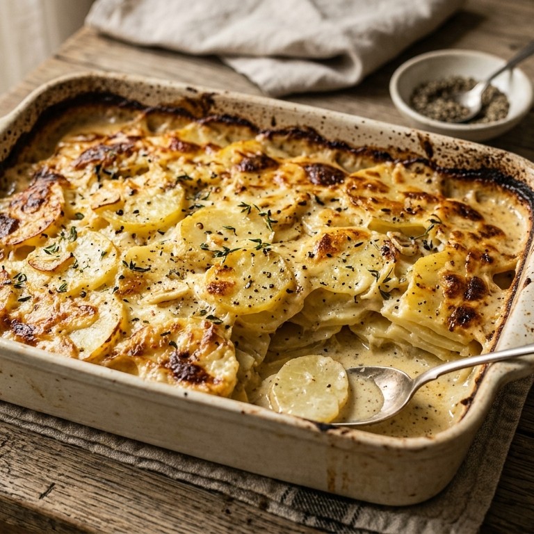 Gegratineerde aardappels met knoflook-peper-slagroomsaus