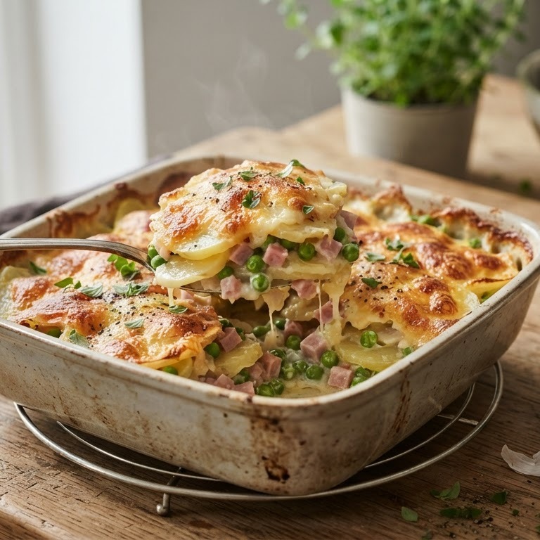 Gegratineerde aardappelschotel met erwtjes en ham