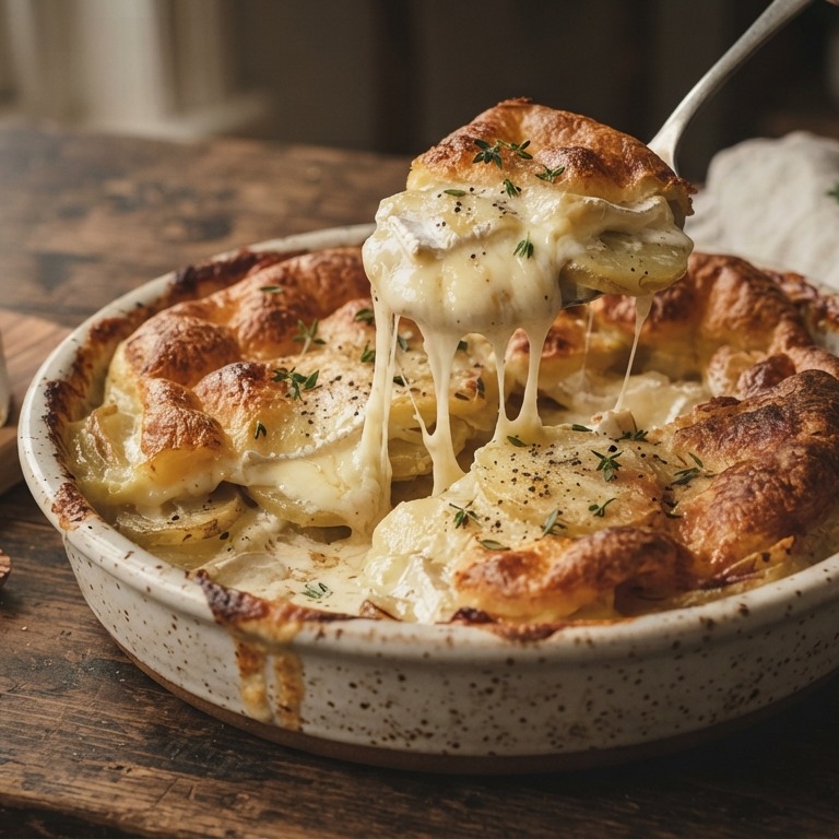 Gegratineerde aardappelschotel met roombrie
