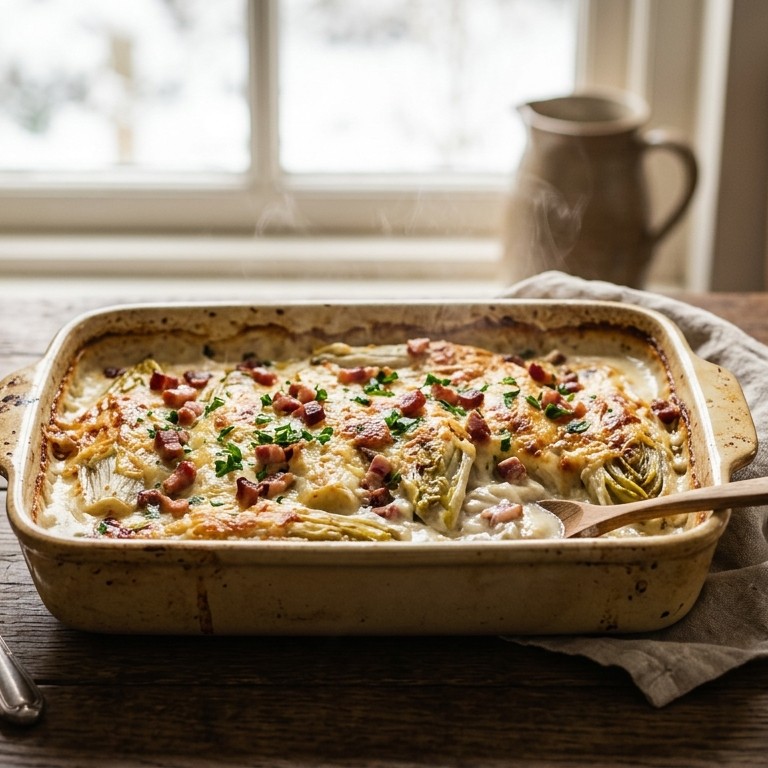 Gegratineerde andijvie met spekjes