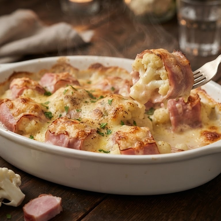 Gegratineerde bloemkool met ham
