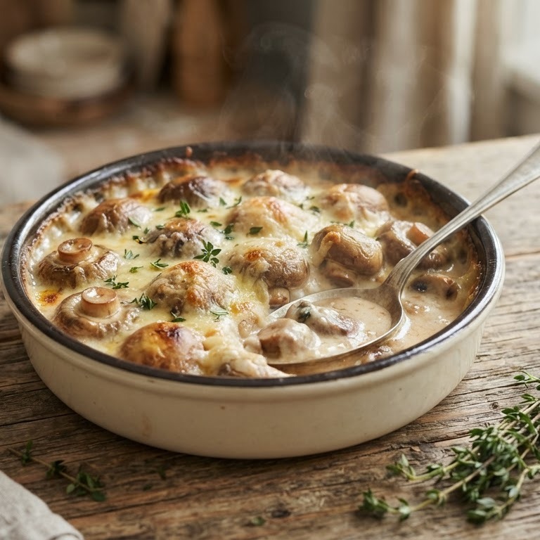 Gegratineerde champignons in room-wijnsaus