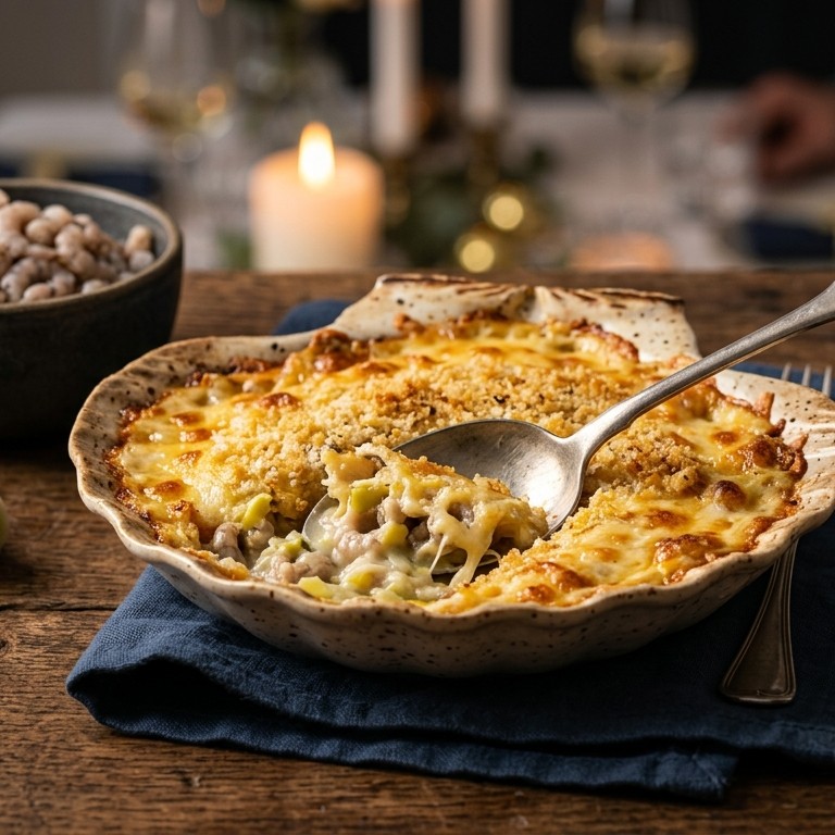Gegratineerde garnalen met prei