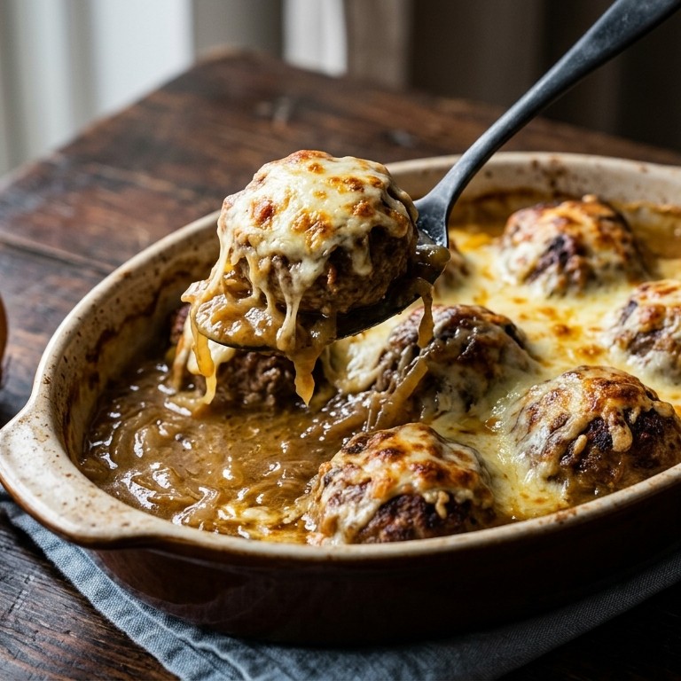 Gegratineerde gehaktballen met uiensaus