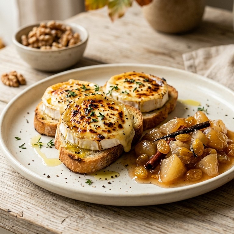 Gegratineerde geitenkaas met perencompôte