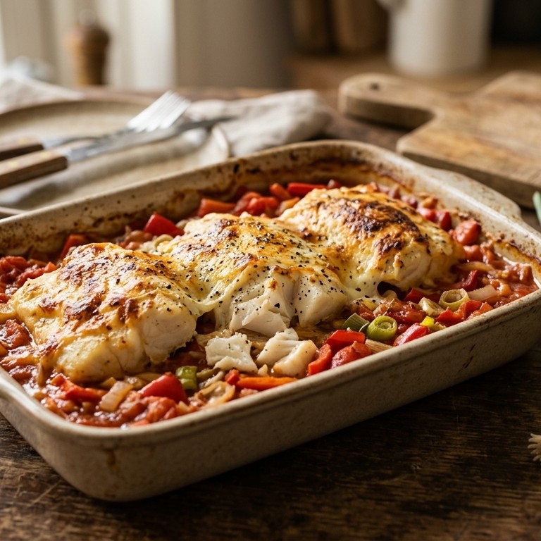 Gegratineerde kabeljauw met tomaat en paprika