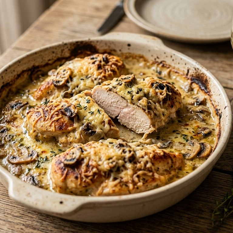 Gegratineerde kipfilets met champignons