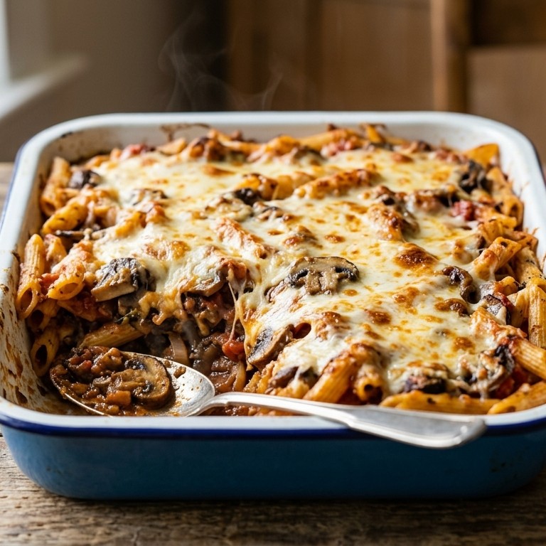 Gegratineerde pasta met champignons
