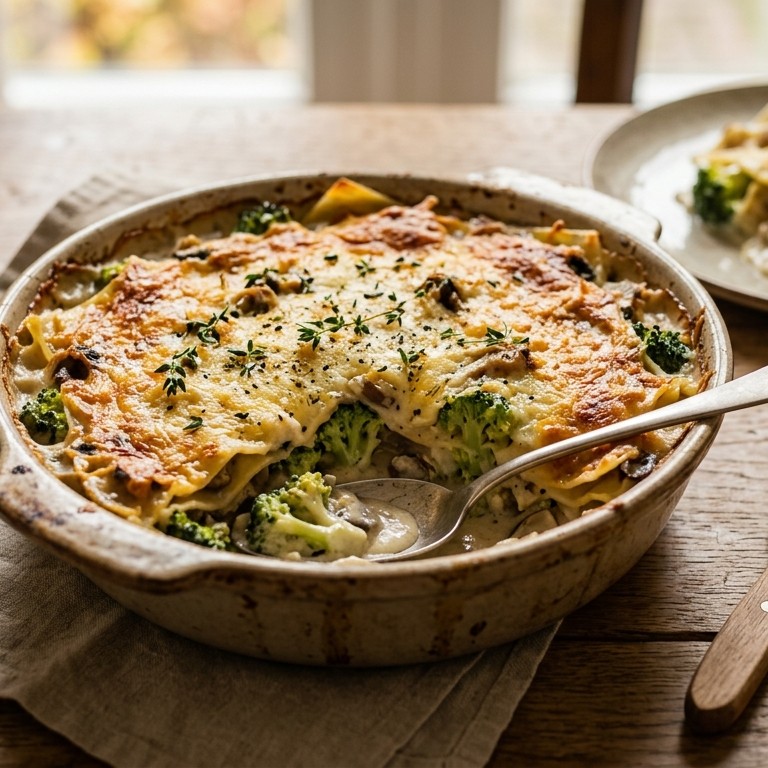 Gegratineerde pasta schotel met eekhoorntjesbrood