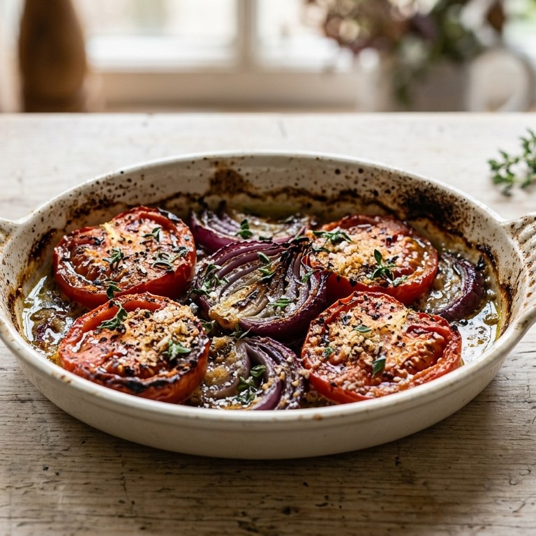 Gegratineerde tomaten met rode ui en tijm