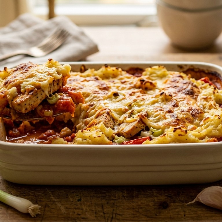 Gegratineerde tomaten-puree schotel met kip