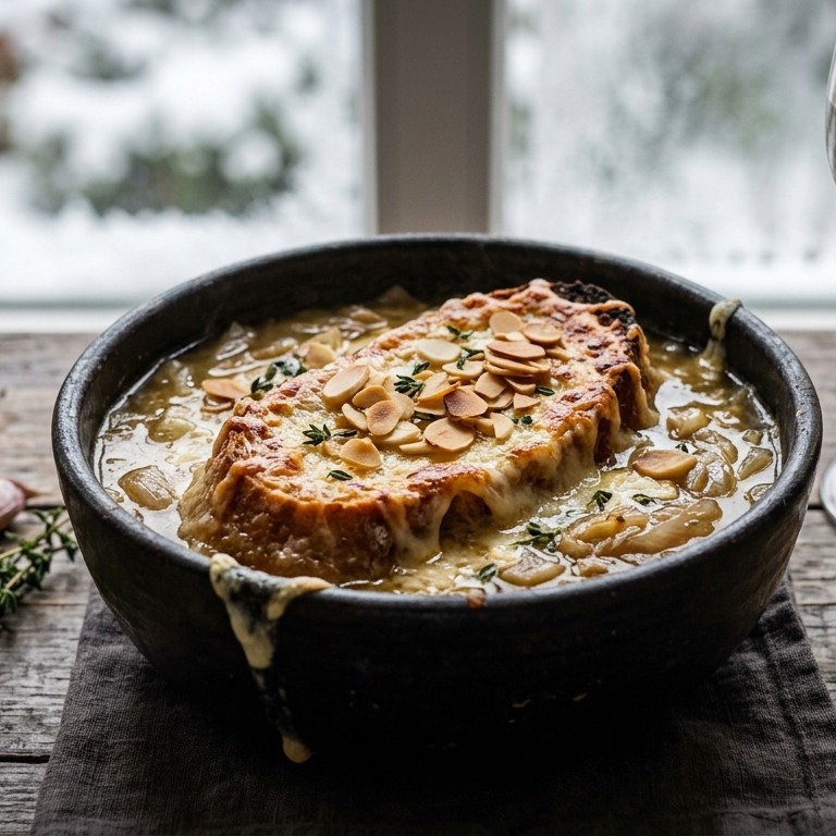 Gegratineerde uien-wijnbouillon