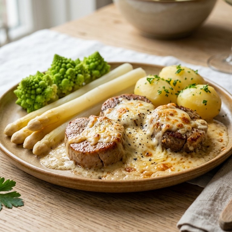 Gegratineerde varkensmedaillons met asperges