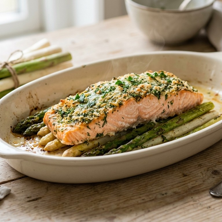 Gegratineerde zalm op asperges