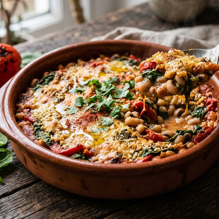 Gegratineerde zwarte ogenbonen met spinazie en paprika