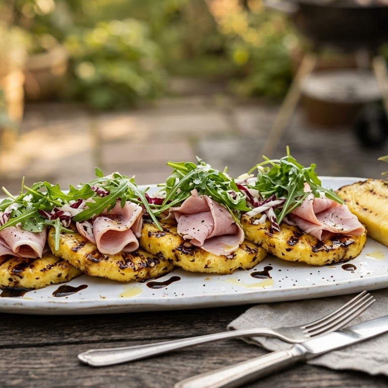 Gegrilde ananas met gekookte ham en rucola