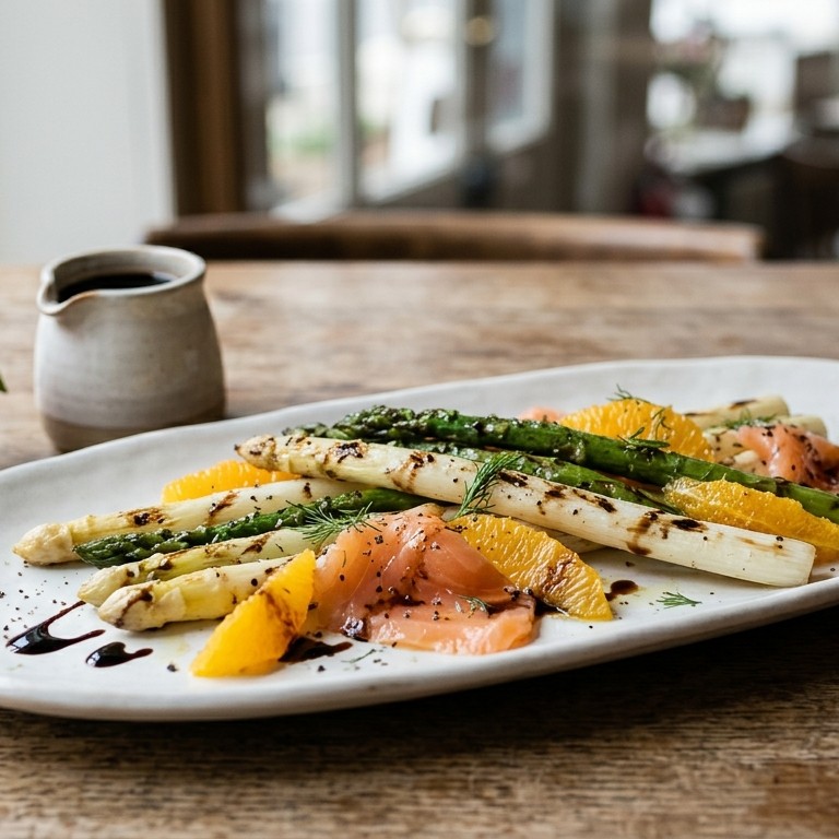Gegrilde asperges met sinaasappel, zalmcarpaccio en balsamico