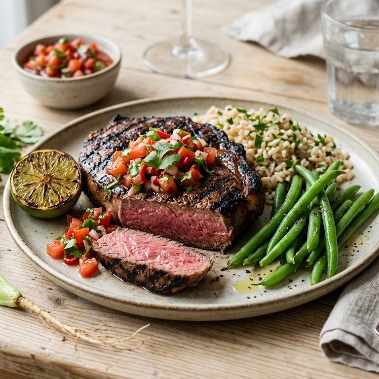 Gegrilde biefstuk met pittige tomatensalsa en sperziebonen