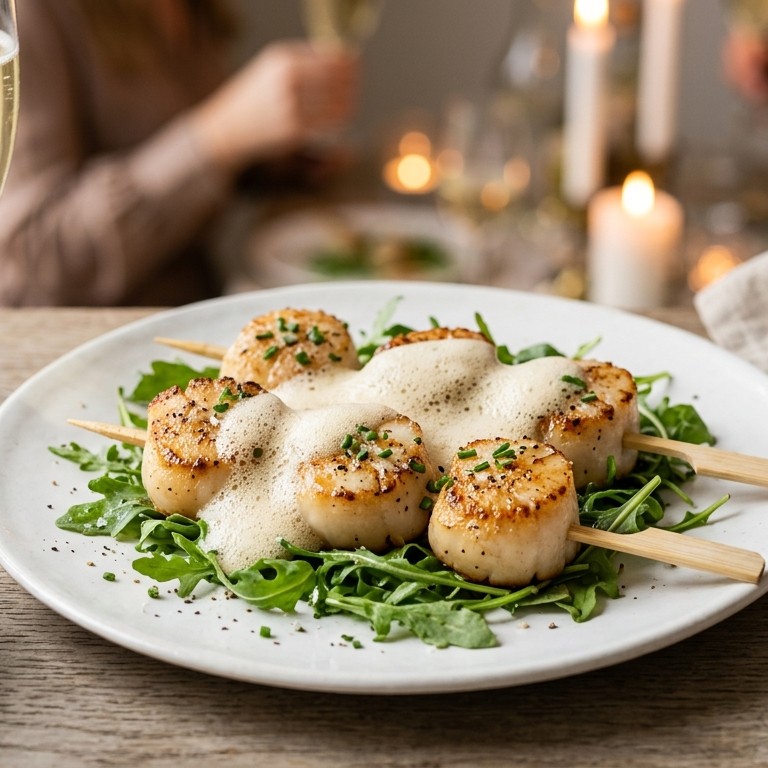 Gegrilde coquilles met schuimige Champagnesaus