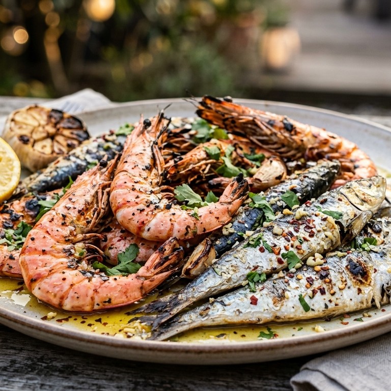 Gegrilde gamba's en sardienen met knoflook