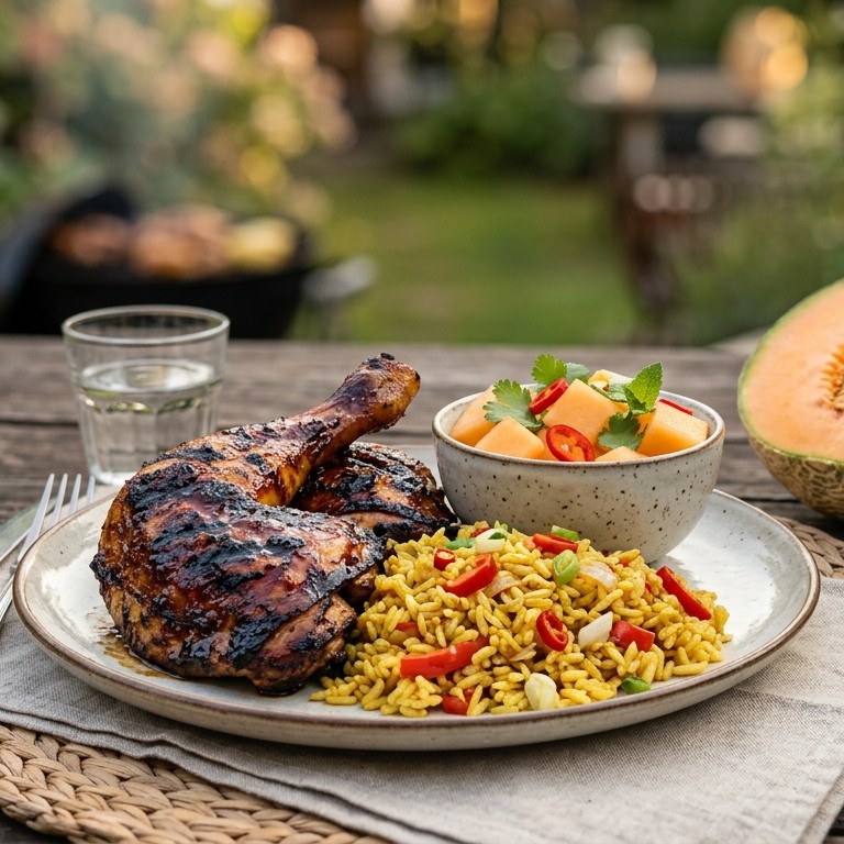 Gegrilde kip met zoetzure meloen en nasi